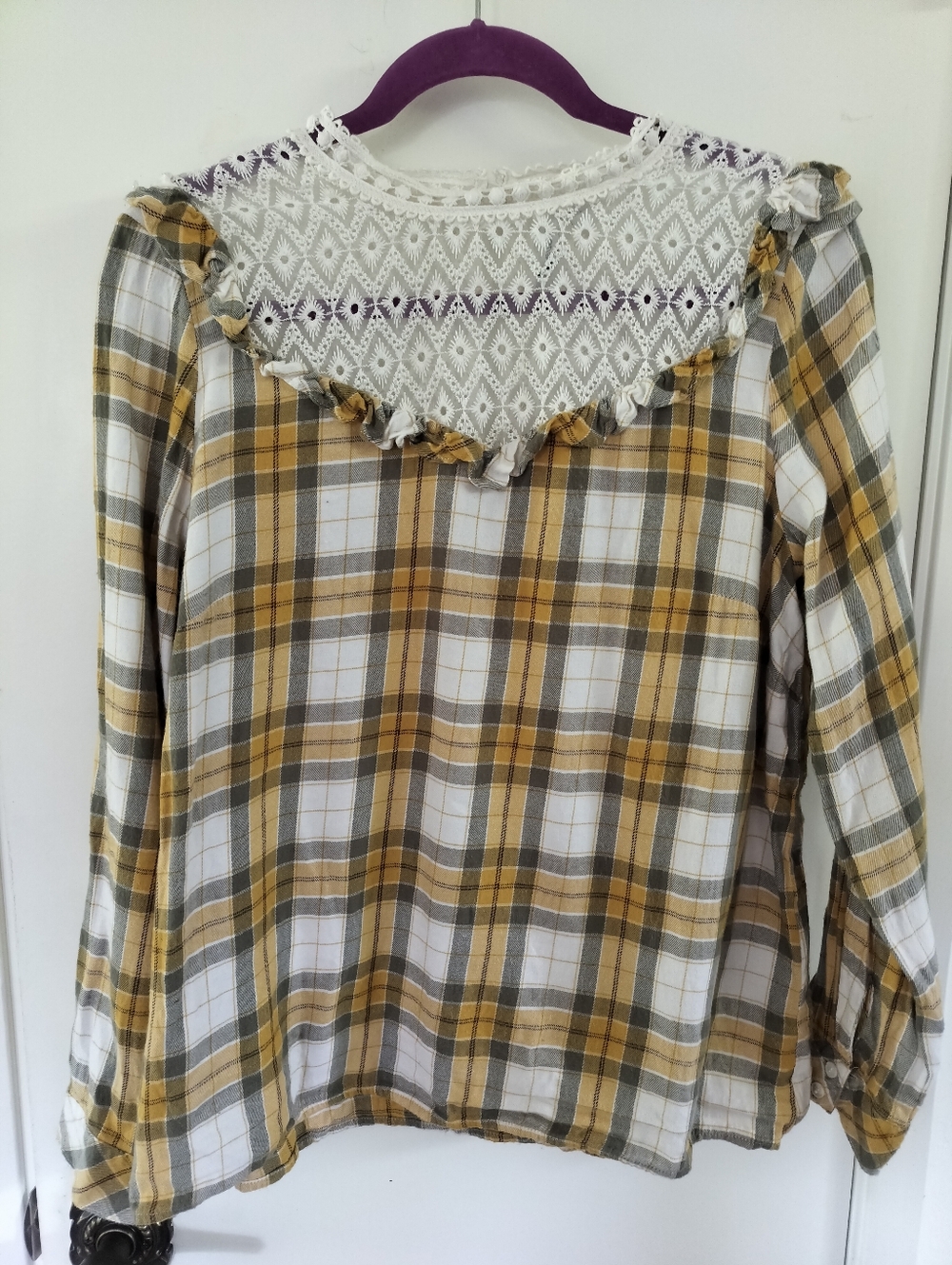 Kensie Long Sleeve Lace-Trim Flannel Blouse lace eyelet yoke Ruffle trim Large